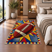 Pop Art Football rug in a bedroom beside the bed
