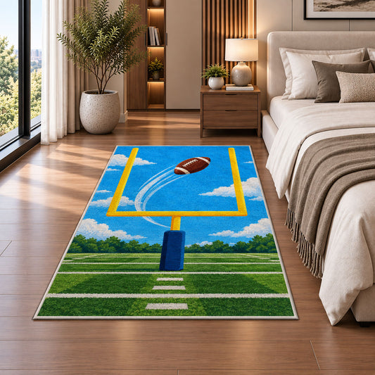 Field Goal Kick rug in a bedroom beside the bed