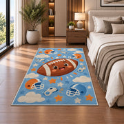 Cute Cartoon Football rug in a bedroom beside the bed