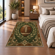 Vintage Leather Football rug in a bedroom beside the bed