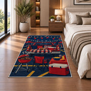 Football Tailgate Party rug in a bedroom beside the bed