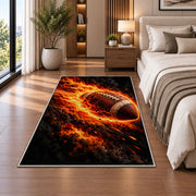 Flaming Football rug in a bedroom beside the bed