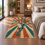 Retro Football Player rug in a bedroom beside the bed