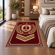 Varsity Football Emblem rug in a bedroom beside the bed