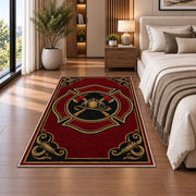 Vintage Firefighter Badge rug in a bedroom beside the bed