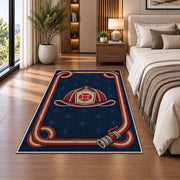 Fire Hose Frame Helmet rug in a bedroom beside the bed
