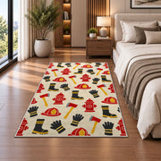 Firefighter Gear Pattern rug in a bedroom beside the bed