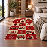 Retro Checkered Fire Truck rug in a bedroom beside the bed