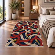 Fire Hose Pattern rug in a bedroom beside the bed