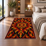 Flame Mandala rug in a bedroom beside the bed
