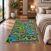 Fire Station Town Road rug in a bedroom beside the bed