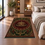 Vintage Fire Helmet Medallion rug in a bedroom beside the bed