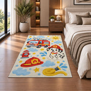 Cute Fire Truck and Dalmatian rug in a bedroom beside the bed