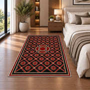 Maltese Cross Lattice rug in a bedroom beside the bed