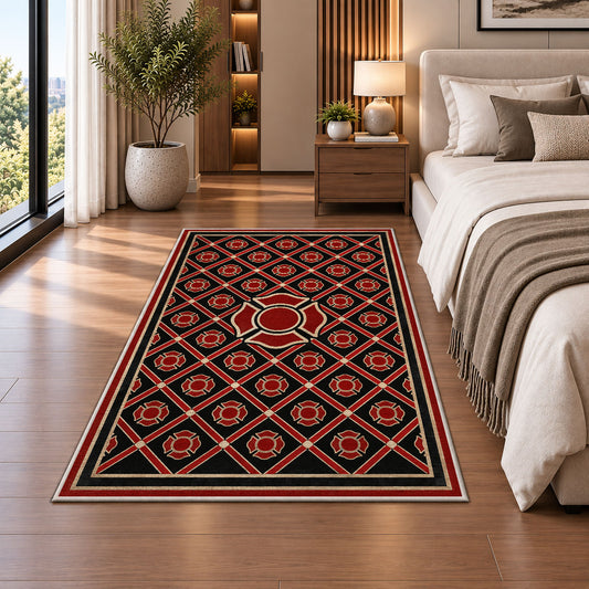 Maltese Cross Lattice rug in a bedroom beside the bed