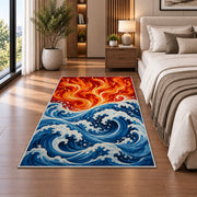 Fire and Water Waves rug in a bedroom beside the bed