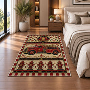 Vintage Fire Truck rug in a bedroom beside the bed