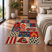 Firefighter Patchwork rug in a bedroom beside the bed