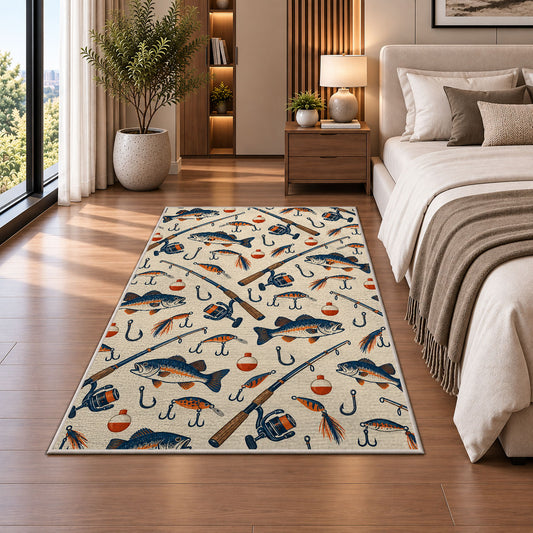 Fishing gear pattern rug in a bedroom beside the bed
