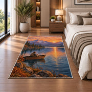 Sunrise fishing boat rug in a bedroom beside the bed