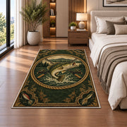 Vintage bass badge rug in a bedroom beside the bed