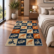 Retro fishing checkered rug in a bedroom beside the bed