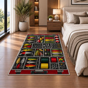 Tackle box rug in a bedroom beside the bed