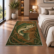 Woodcut bass rug in a bedroom beside the bed