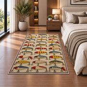 Vintage lure collection rug in a bedroom beside the bed