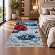 Ice fishing rug in a bedroom beside the bed