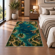 Fishing lake map rug in a bedroom beside the bed
