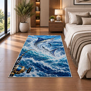 Deep sea marlin rug in a bedroom beside the bed