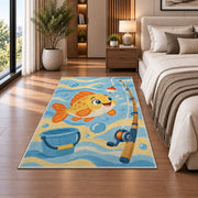 Cartoon fish kids rug in a bedroom beside the bed