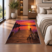 Dock sunset fishing rug in a bedroom beside the bed