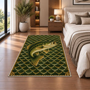 Bass on fish scales rug in a bedroom beside the bed