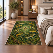 Circle of fish rug in a bedroom beside the bed