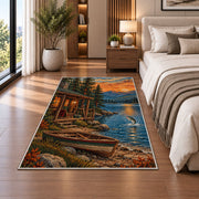 Lakeside fishing cabin rug in a bedroom beside the bed
