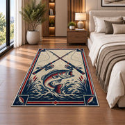 Crossed rods fish emblem rug in a bedroom beside the bed
