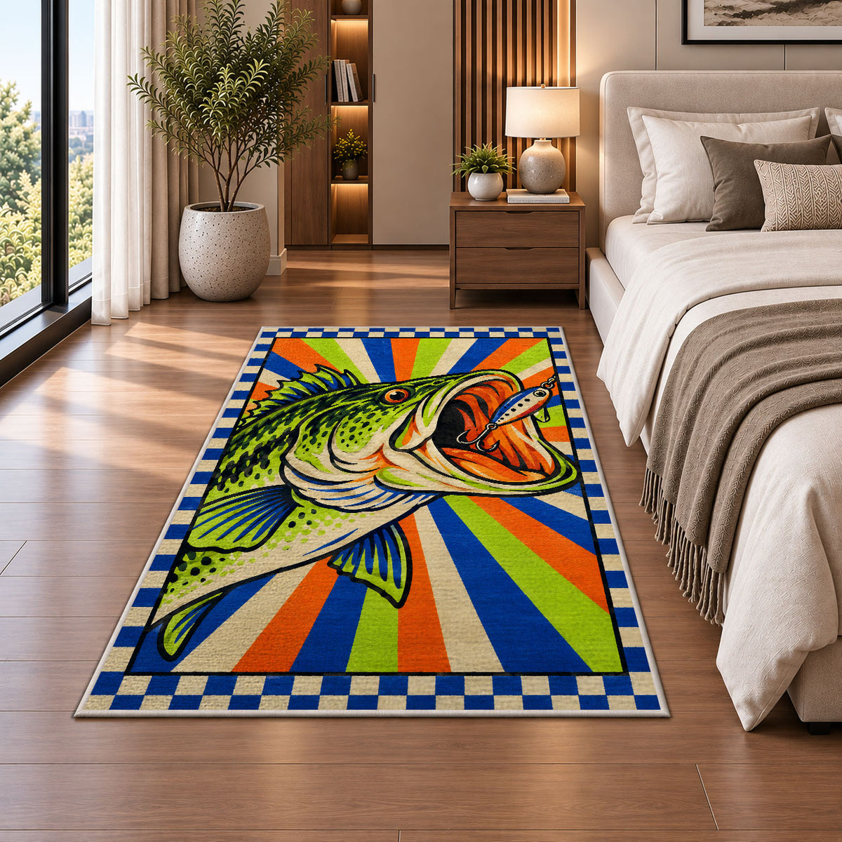 Pop art bass rug in a bedroom beside the bed