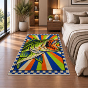 Pop art bass rug in a bedroom beside the bed