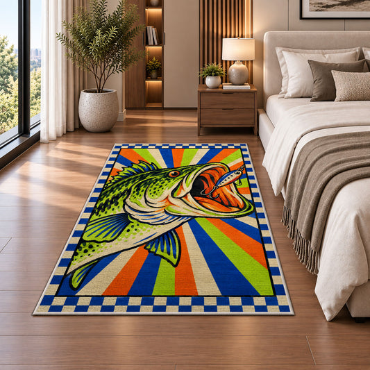 Pop art bass rug in a bedroom beside the bed