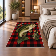 Buffalo plaid bass rug in a bedroom beside the bed