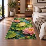 frog on a lily pad rug in a bedroom beside the bed