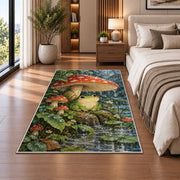 frog under a mushroom umbrella in the rain rug in a bedroom beside the bed