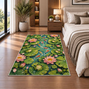 lily pond top view with frogs rug in a bedroom beside the bed