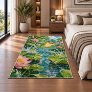 frog leaping between lily pads rug in a bedroom beside the bed