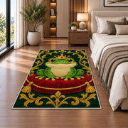 frog prince wearing a crown rug in a bedroom beside the bed