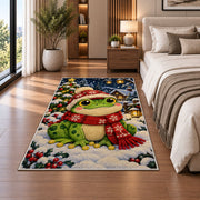 frog in a winter scarf and hat rug in a bedroom beside the bed