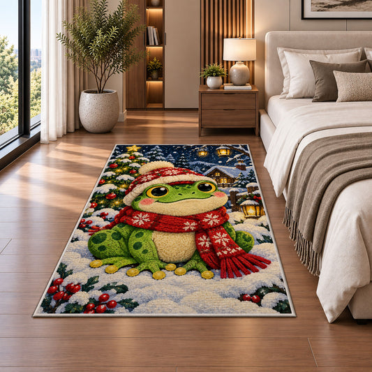 frog in a winter scarf and hat rug in a bedroom beside the bed