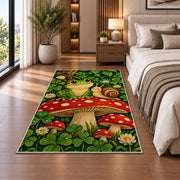 frog and snail on a mushroom rug in a bedroom beside the bed